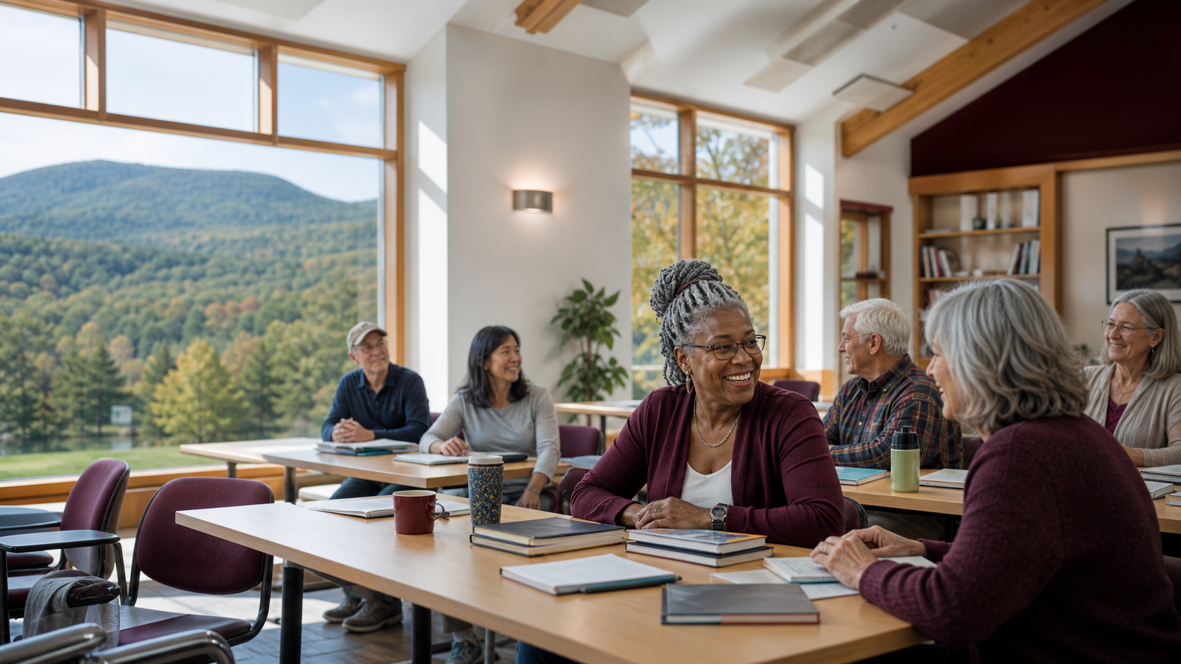 Older adult learners gathered in a bright Catskills classroom.